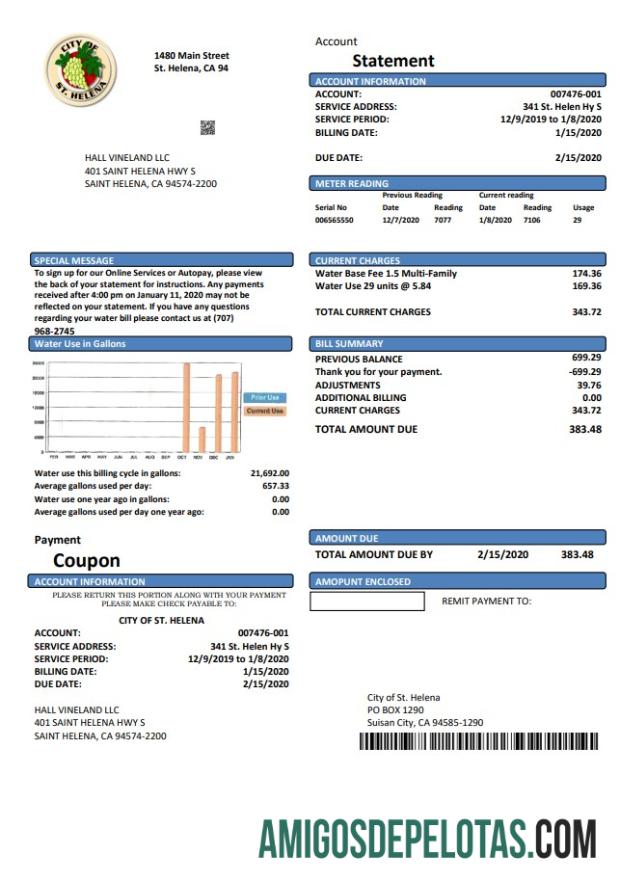 imprimível Modelo de conta de serviços públicos da cidade de Santa Helena, EUA, Califórnia, em formato Word e PDF